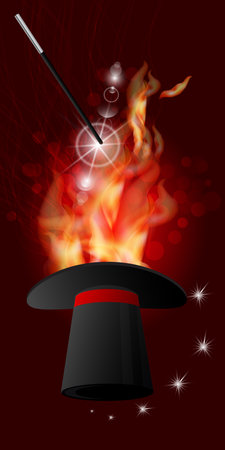 CYLINDER FOCUS HATS. FIRE FOCUS WITH MAGIC STYLE. MAGIC AND MIRACLE. Vertical orientation of the sheet. Illustration for your design.のイラスト素材