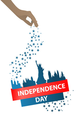 The inscription: Independence Day . New York City and Statue of Liberty on a white background with a star of a blue patriot hand stinging. Logo.のイラスト素材