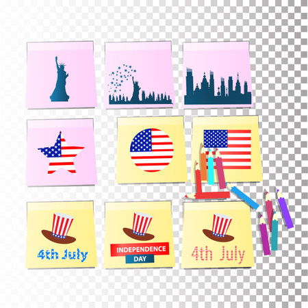 The pages of the notebook are yellow. Stickers with pencils. Logo. Hat, city silhouette, flag ...のイラスト素材