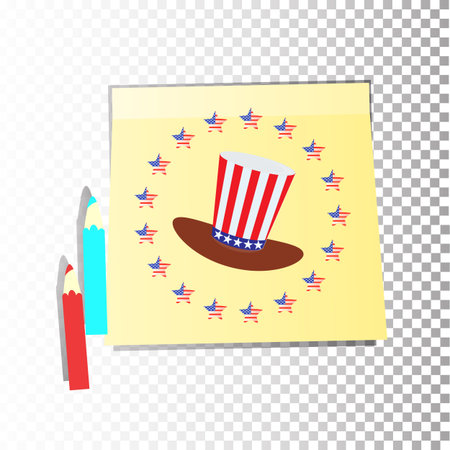 The pages of the notebook are yellow. Sticker with blue and red pencil. Logo. The hat is the color of American flag and a circle of stars.のイラスト素材