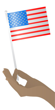 Flag with the American flag in the hand of a patriot. Vertical orientation of a sheet on a white background.のイラスト素材