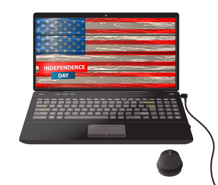 Laptop on a white background. With flag america on the background of wooden boards.のイラスト素材