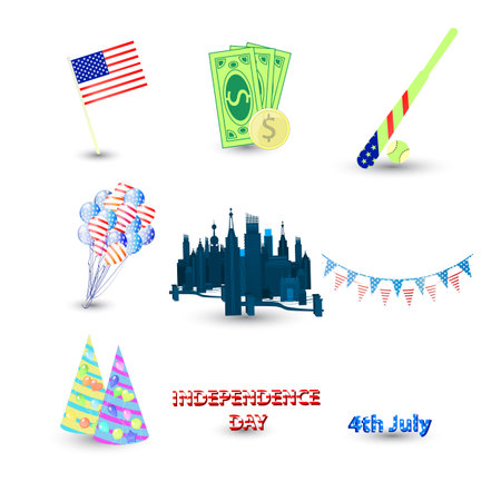 Independence Day United States. Fourth of July. Illustration for your design. Attributes of a holiday. City, baseball, balloons.のイラスト素材