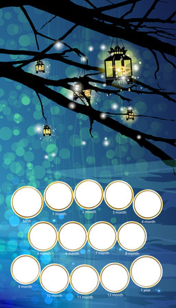 Frame for the child. The first year of life. Vector illustration for your design. Vertical arrangement of the sheet. Lanterns on the tree. Nightのイラスト素材