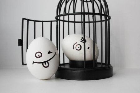 Eggs with painted face. Photo for your design. two eggs. Egg in a cageの写真素材