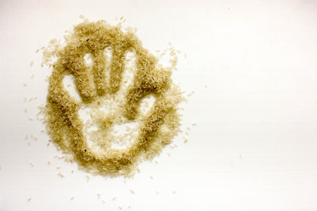 Hand imprint of rice on a white background. Photo for your designの写真素材