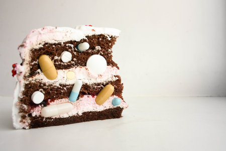 Medical cake from medicinal multi-colored tablets. Handful on a white background. Photo for your designの写真素材