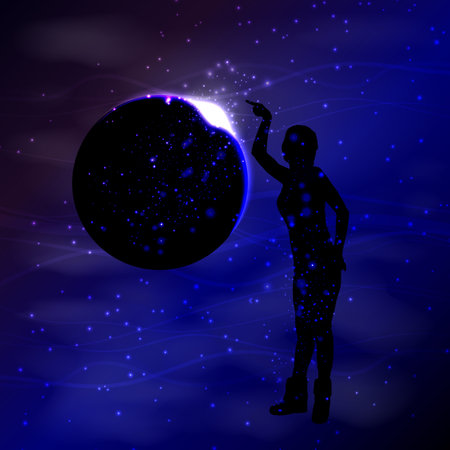 Concept cosmos inside us. yoga. Titats and statuses. Girl silhouette and space. Illustration, vector for your designのイラスト素材