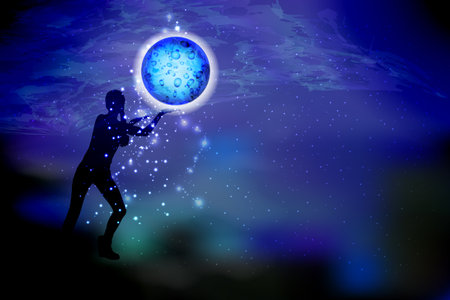 Concept cosmos inside us. yoga. Titats and statuses. Girl silhouette space hold the moon in her hands. Illustration, vector for your designのイラスト素材