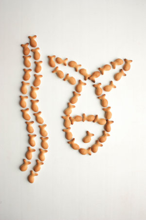 Fish cookies. Edible fish on waves on white. Photo for your design.の写真素材
