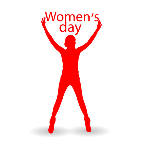 International Women's Day. Illustration, vector for your design. Logo. On white background. Woman red with hands up and text.のイラスト素材