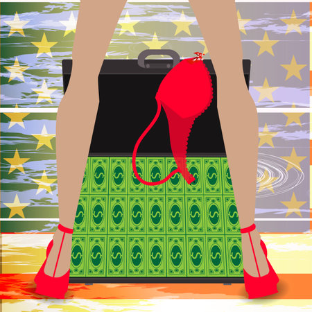 International Women's Day. feminism. Feet in heels with dollars-suitcase. Financial independence. Flag united states. Illustration for your design.のイラスト素材