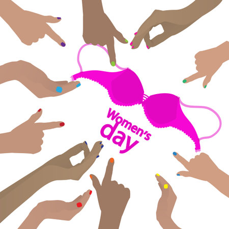International Women's Day. feminism. Hands pointing at the bra. Illustration for your design.のイラスト素材