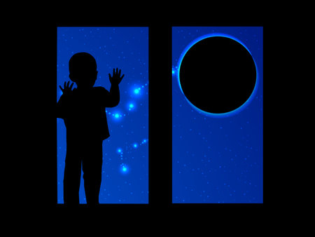 Space and the child looking out the window at the lunar eclipse. Illustration for your design.のイラスト素材