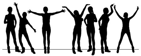 parade. Logo. Female silhouette hands up, crowd. Illustration for your designのイラスト素材