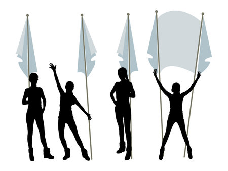 Parade with flags. Logo. Female silhouette hands up, crowd. Illustration for your design.のイラスト素材