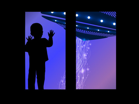 Space and the child looking out the window at the UFO. An illustration for your design, social networks, statuses and posts.のイラスト素材