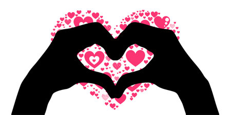 Concept of love. Hands in the shape of the heart to keep the pink heart. Illustration for your design.のイラスト素材
