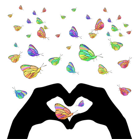 Hands in the shape of a heart and a butterfly. Concept of love. Illustration for your design.のイラスト素材