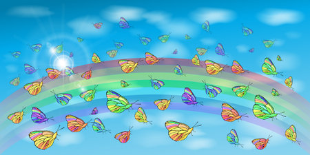 Butterflies in the sky and a rainbow. Concept of lightness and airiness. Horizontal orientation of the sheet. Illustration for your design.のイラスト素材