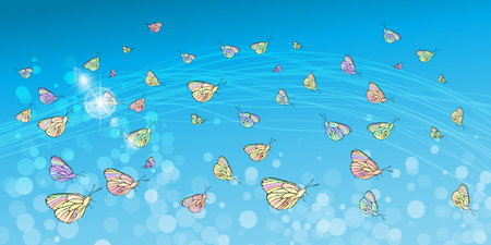 Butterflies in the sky. Concept of lightness and airiness. Horizontal orientation of the sheet. Illustration for your design.のイラスト素材