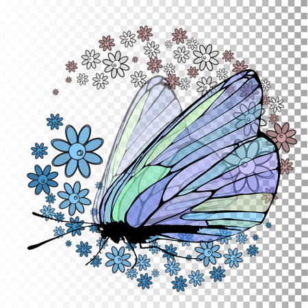 Butterfly with transparent wings on a transparent background. On the wings of pollen in the form of flowers. Vector illustration for your design.のイラスト素材