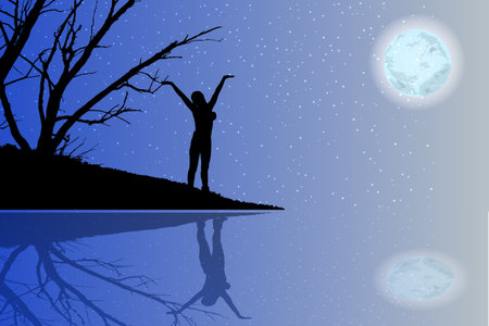 Unity with nature concept. The man is outstretched. Silhouette of a tree against a blue sky. Unity with God and the universe. Vector illustration for your design.のイラスト素材