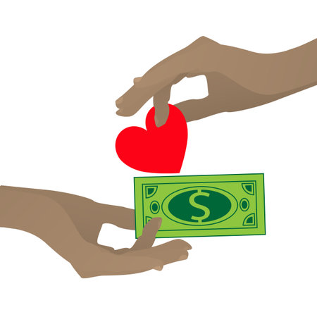 Prostitution concept. Hand with heart and dollar. Vector illustration for your design. On white background.のイラスト素材