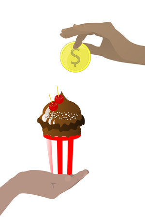 Baby food concept. Tasty and sweet. Hands to hold a coin and cake. Vector illustration for your design. On white background.のイラスト素材