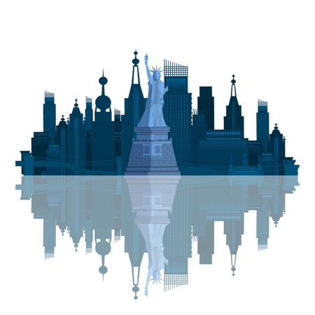 Independence Day United States. New York with reflection in the water. Vector illustration for your design.のイラスト素材