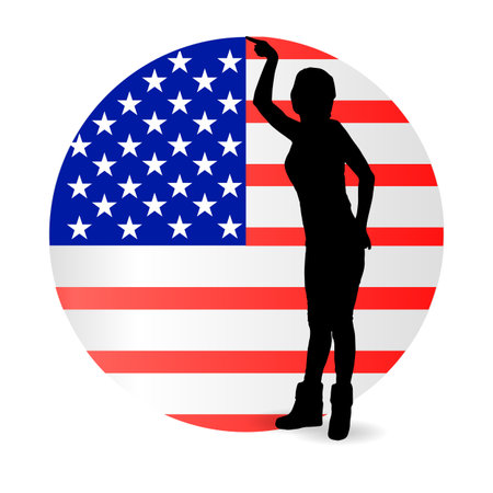 Independence Day United States. The concept of patriotism. The girl is silhouetted against the background of the america flag in the shape of a circle. The fourth of July. Illustrationのイラスト素材
