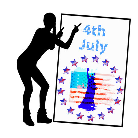 Independence Day United States. Concept of a holiday. Girl silhouette pointing at the frame with an American flag and statue of liberty. The fourth of July. Illustration for your design. vector.のイラスト素材