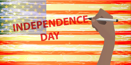 Independence Day United States. The fourth of July. Hand holding a pencil, pen, marker and writing stripes on an American flag. Illustration for your design. vector.のイラスト素材