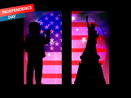 Independence Day United States. The concept of children's patriotism. The boy looks out the window. Salute against the background of the flag of America and the statue of freedom.のイラスト素材