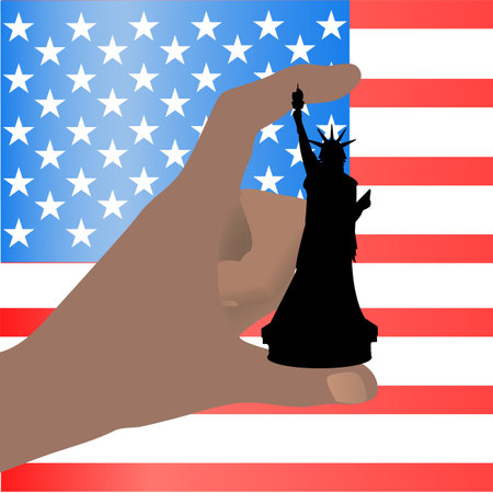 Independence Day United States. The fourth of July. The concept of the power of patriotism. Hand holding a chess piece. A statue of freedom, the queen on the background of the American flagのイラスト素材