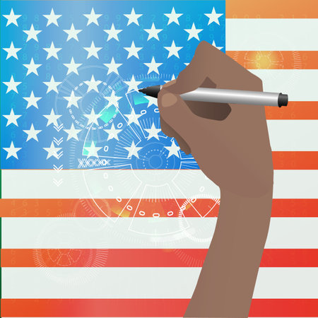 Independence Day United States. The fourth of July. Hand holding pencil, pen, marker. Flag of the united states. American flag. Illustration for your design. vector.のイラスト素材