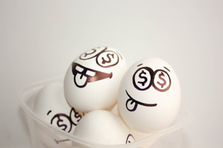 The concept of profit and business ideas in the head. Eggs with eyes in dollars. Photo for your designの写真素材