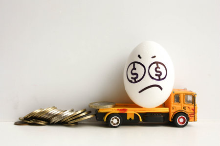 Business concept of bankruptcy. Loss of money. A sad egg with a painted face on a yellow car with...
