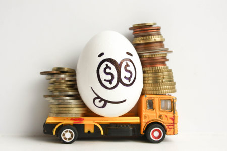Business concept luck and success. A cheerful egg with a painted face on a yellow car with coins....