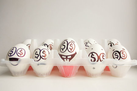 Concept of business training. Seminars and groups of students. Eggs with painted face. Photo for your designの写真素材