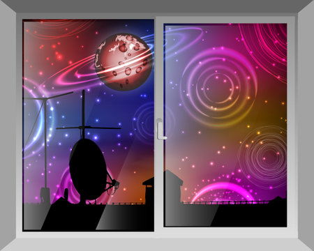 Sky and space. View through the window, antennas and roofs of buildings. Concept cosmos inside us. Illustration for your design.のイラスト素材