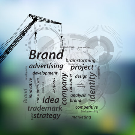 Brand concept. Building an action plan. Inscriptions on a photo background. The construction crane is rising. Illustration for your designのイラスト素材