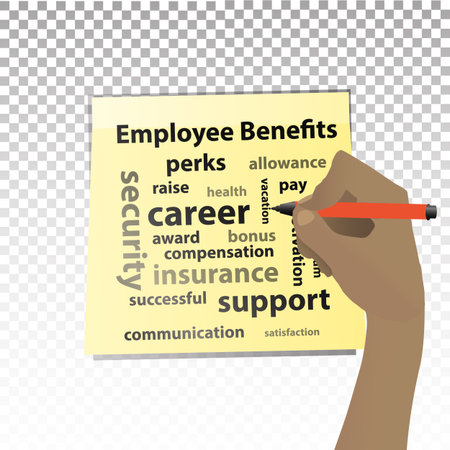 Employee Benefits. The hand is writing on a yellow sticker. Illustration for your designのイラスト素材