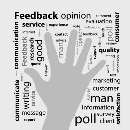 Feedback concept. Vector illustration for your design. Text on a gray background. Hand open palm silhouetteのイラスト素材