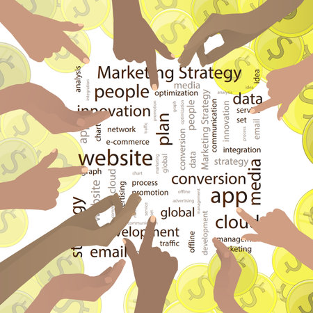 Marketing strategy concept. Vector illustration for your design. Text on white background. The hands point toのイラスト素材