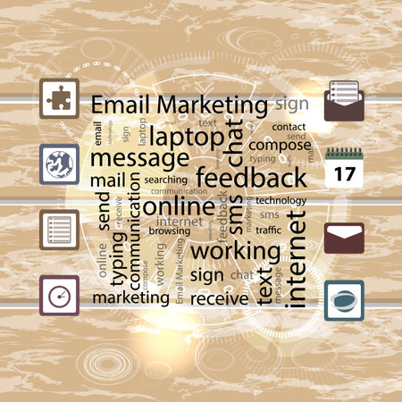 Email marketing concept. Vector illustration for your design. Text on a wooden background with icons.のイラスト素材