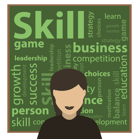 Skill and skills concept. Vector illustration for your design. Text chalk on a blackboard. Girl studentのイラスト素材