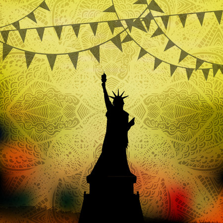 Independence Day United States. Statue of liberty hand up silhouette dark. On a patterned background...