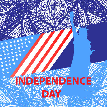 Independence Day United States. A statue of freedom is blue. American flag. On a patterned background from a hand drawing. Square vector illustration for your design. With the inscription red.のイラスト素材