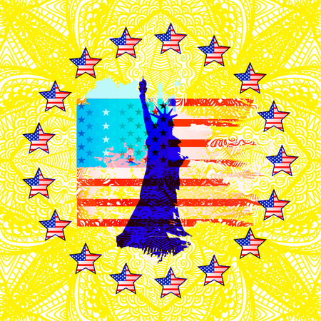 Independence Day United States. American star flag in a circle. A statue of liberty purple on a patterned yellow background from a hand drawing. Square white.のイラスト素材